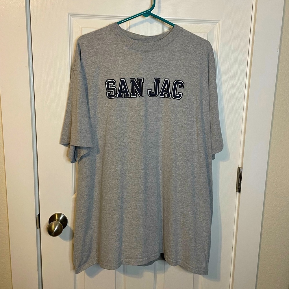 Champion heather gray tee w/ “San Jac” graphic sz XXL San Jacinto College TX
